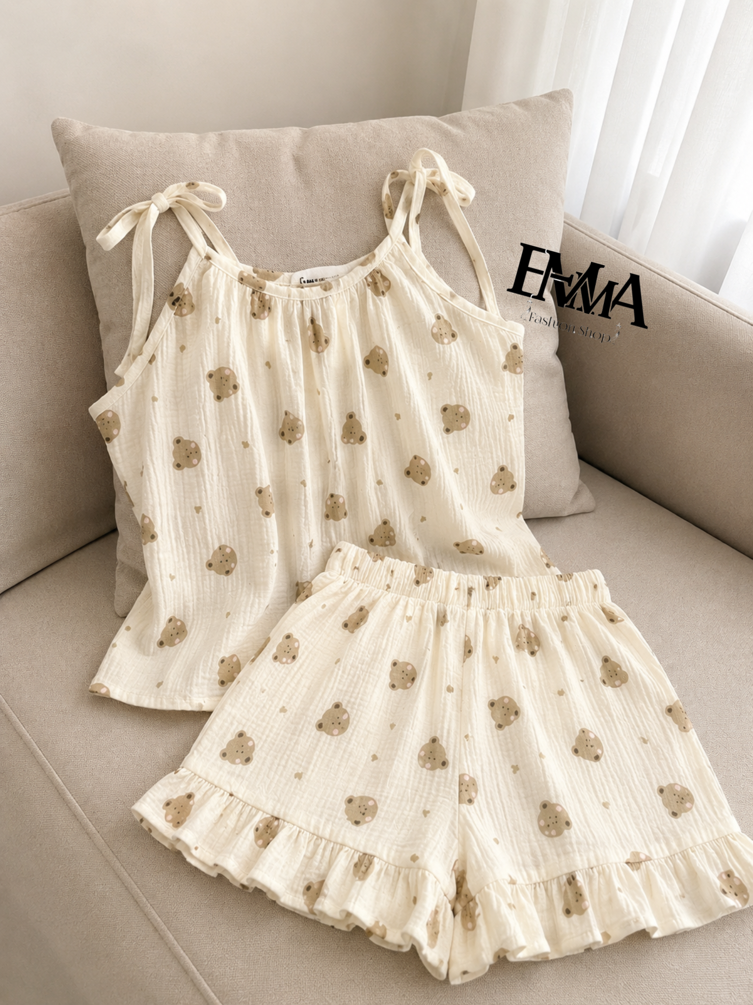 ست لباس خواب تاپ و شلوارک موسلین bear 🧸