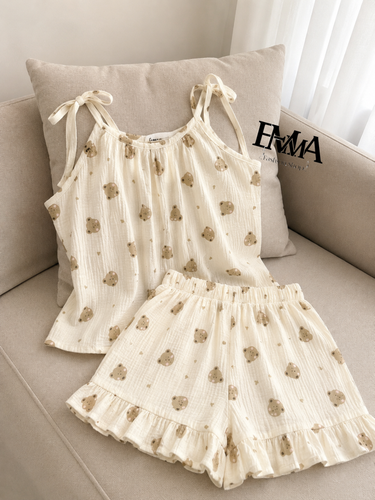 ست لباس خواب تاپ و شلوارک موسلین bear 🧸